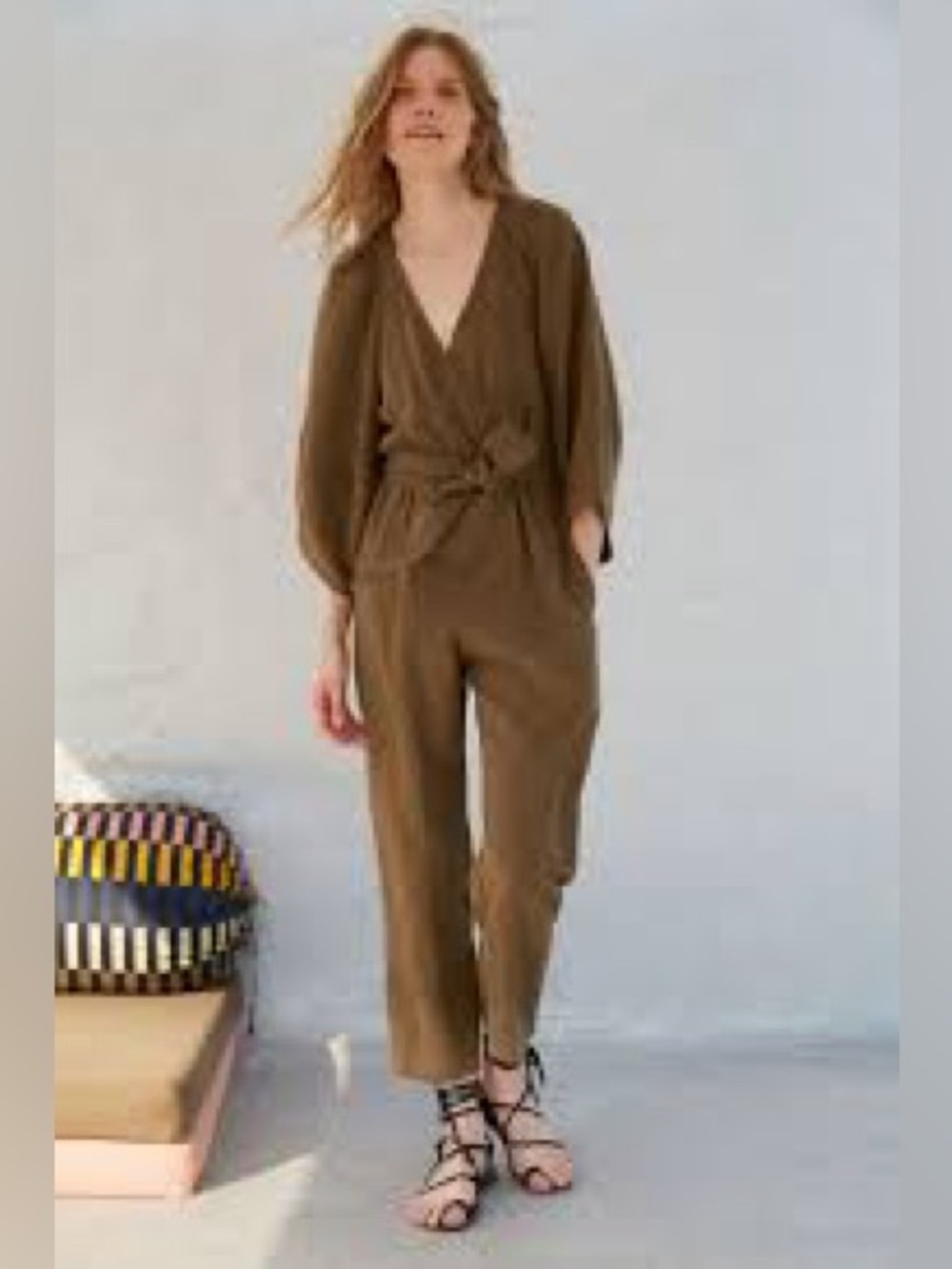 Treasure & Bond Olive Puff-Sleeve Tie-Waist Utility Jumpsuit V-Neck Zip Sz Small